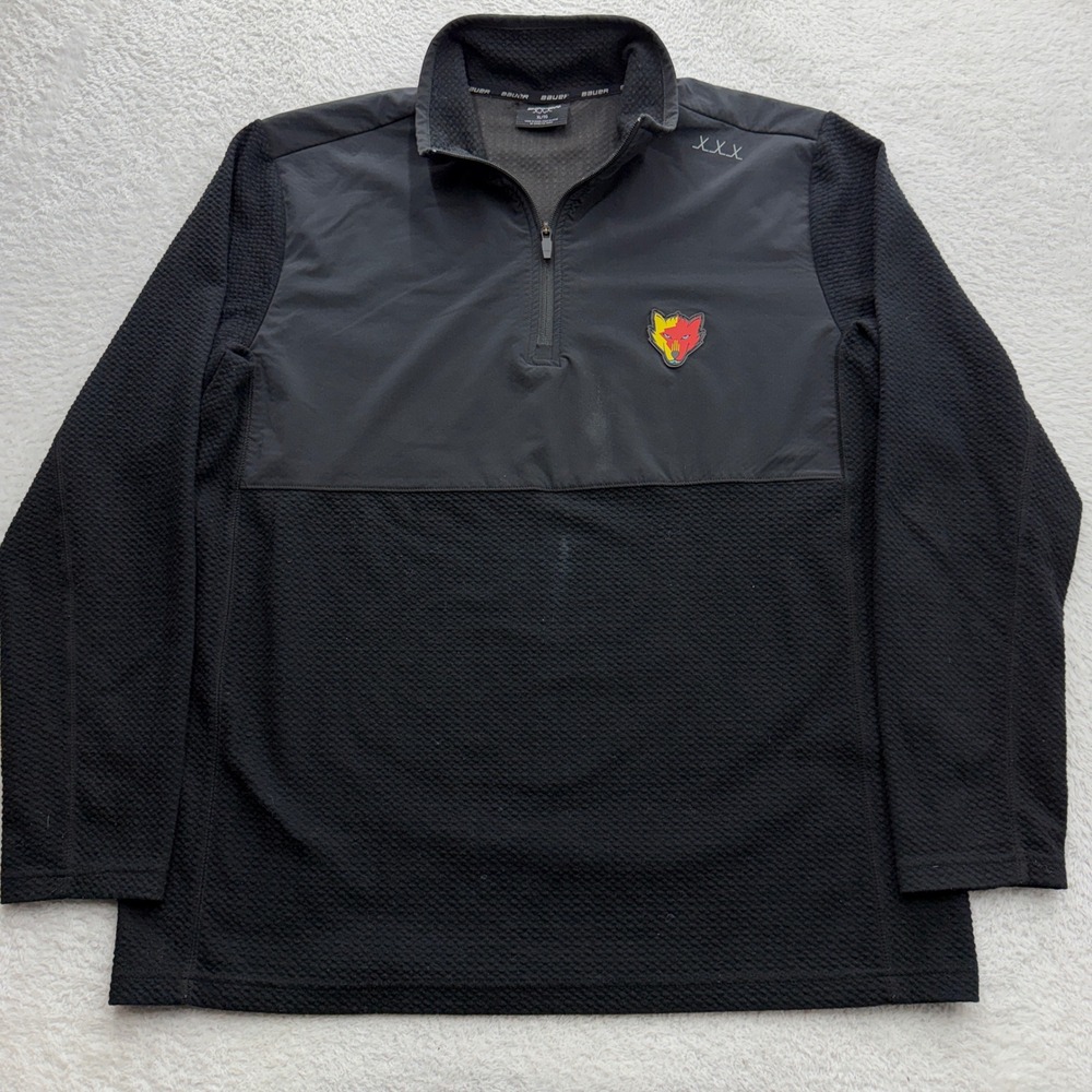 Bauer XXX Mens XL Black Quarter Zip Pullover Textured Waffle Knit Wolf‎ Patch